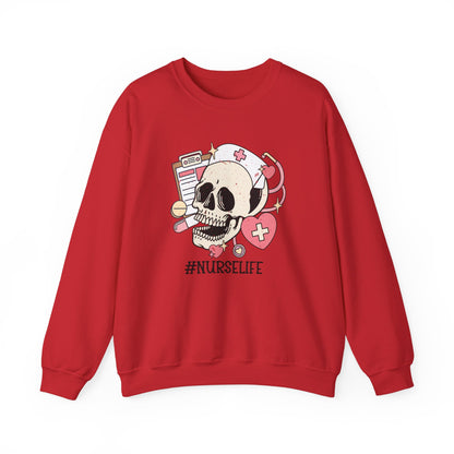 Halloween Nurse Sweatshirt,  Funny Spooky Skull Graphic Shirt, Spooky Season Sweater, Fall Season, Autumn Style Sweatshirt Sweatshirt Printify S Red 