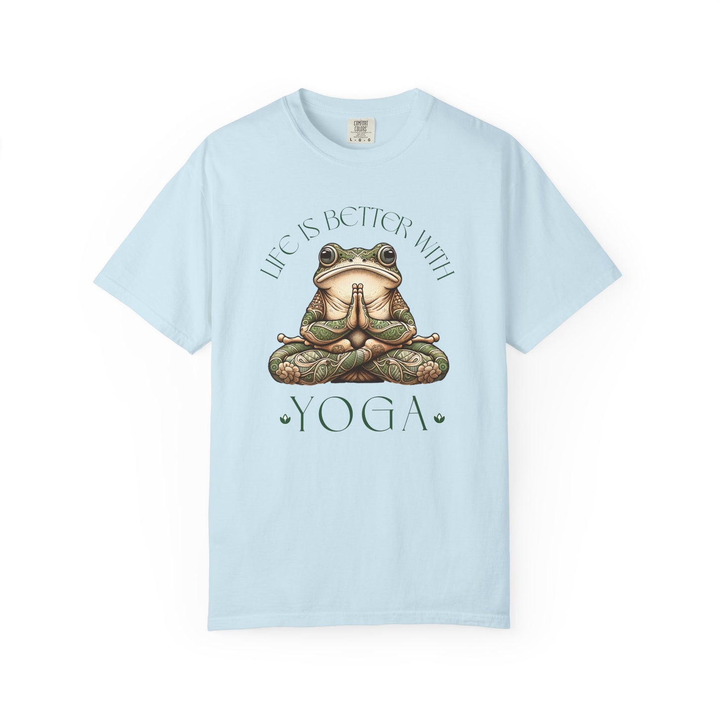 Green Yoga Frog Life Is Better With Yoga Unisex T-Shirt, Casual Wear, Highlander Fan Gift, T-Shirt Printify Chambray S