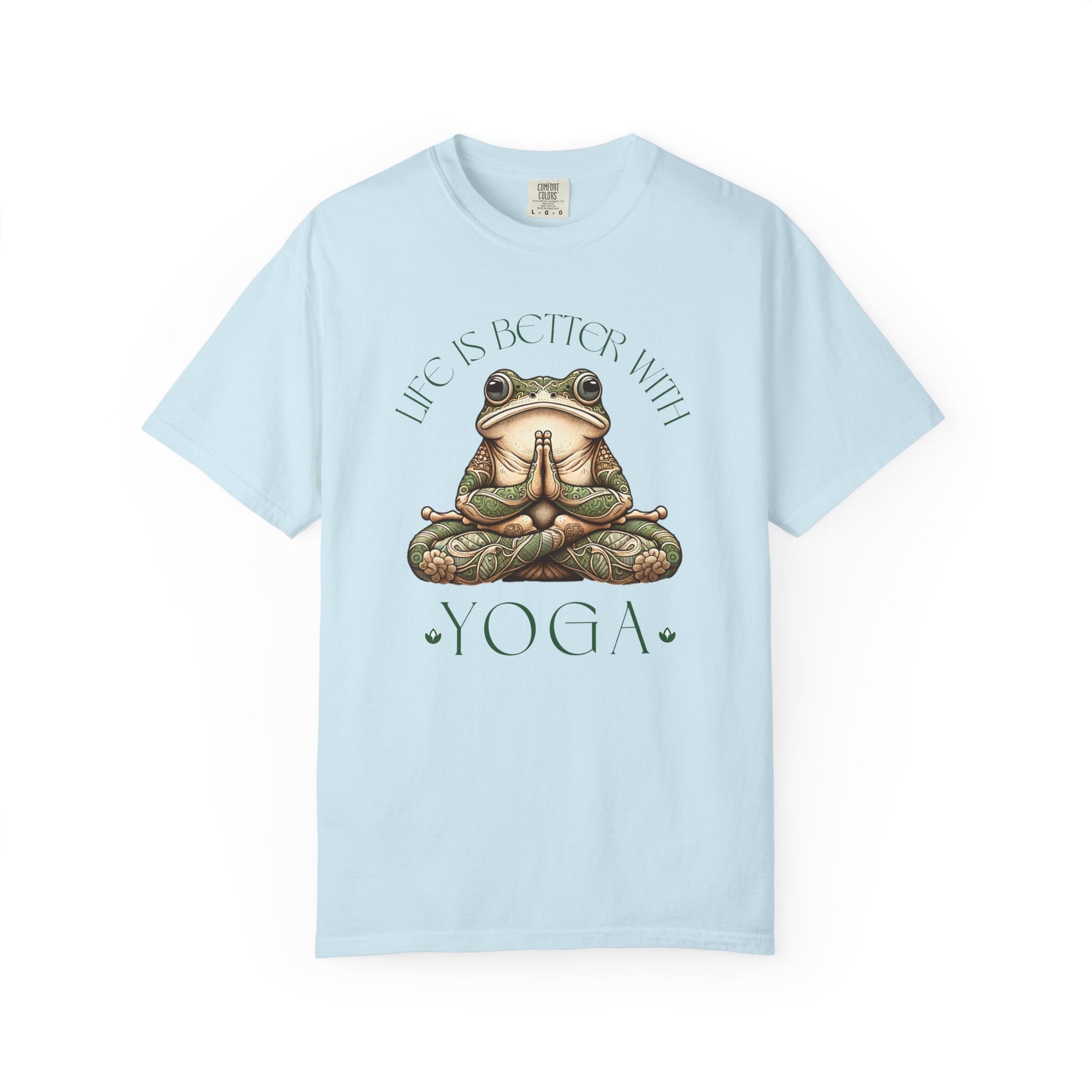 Green Yoga Frog Life Is Better With Yoga Unisex T-Shirt, Casual Wear, Highlander Fan Gift, T-Shirt Printify Chambray S