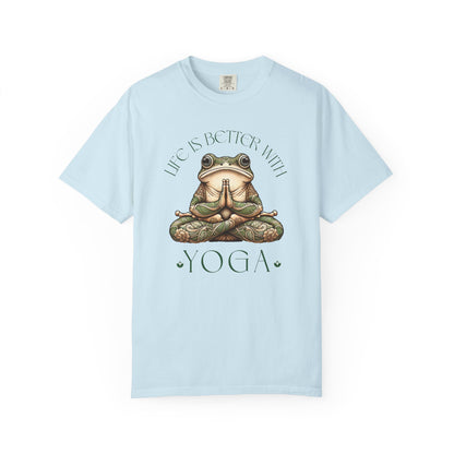 Green Yoga Frog Life Is Better With Yoga Unisex T-Shirt, Casual Wear, Highlander Fan Gift, T-Shirt Printify Chambray S