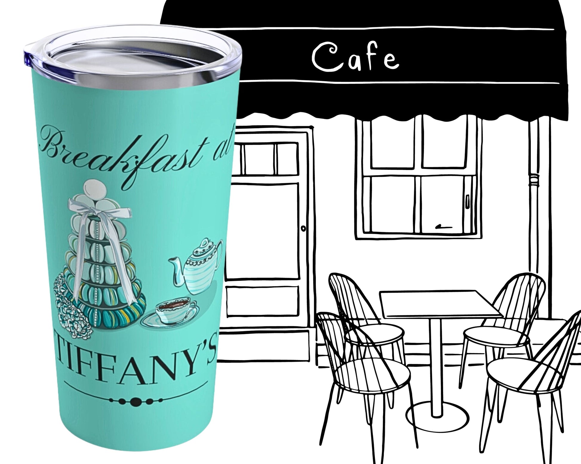 Breakfast at Tiffany's T & Co 20oz Tumbler, Classic Audrey Crew, Girls Brunching Weekend, Holly Golightly Fan Gift For Mom, Book Club Gift Mug Printify   