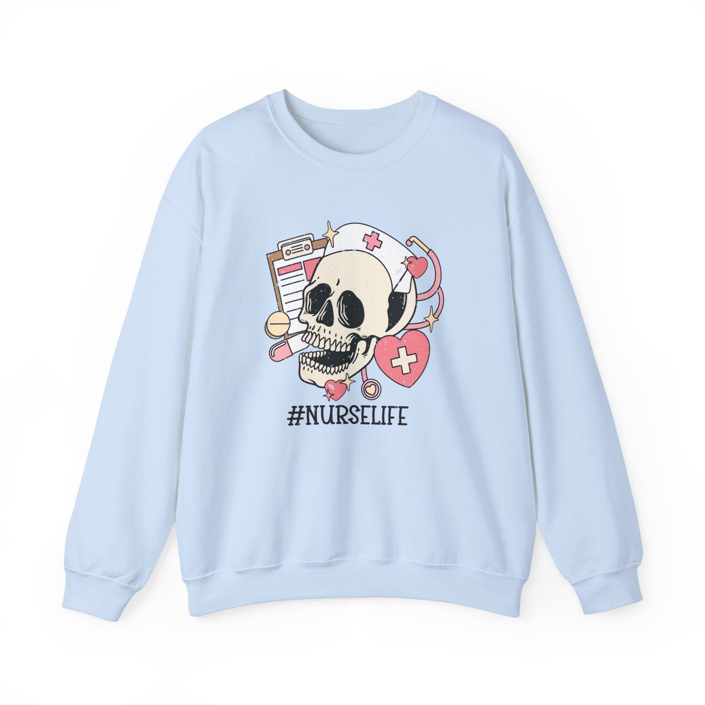 Halloween Nurse Sweatshirt,  Funny Spooky Skull Graphic Shirt, Spooky Season Sweater, Fall Season, Autumn Style Sweatshirt Sweatshirt Printify S Light Blue 