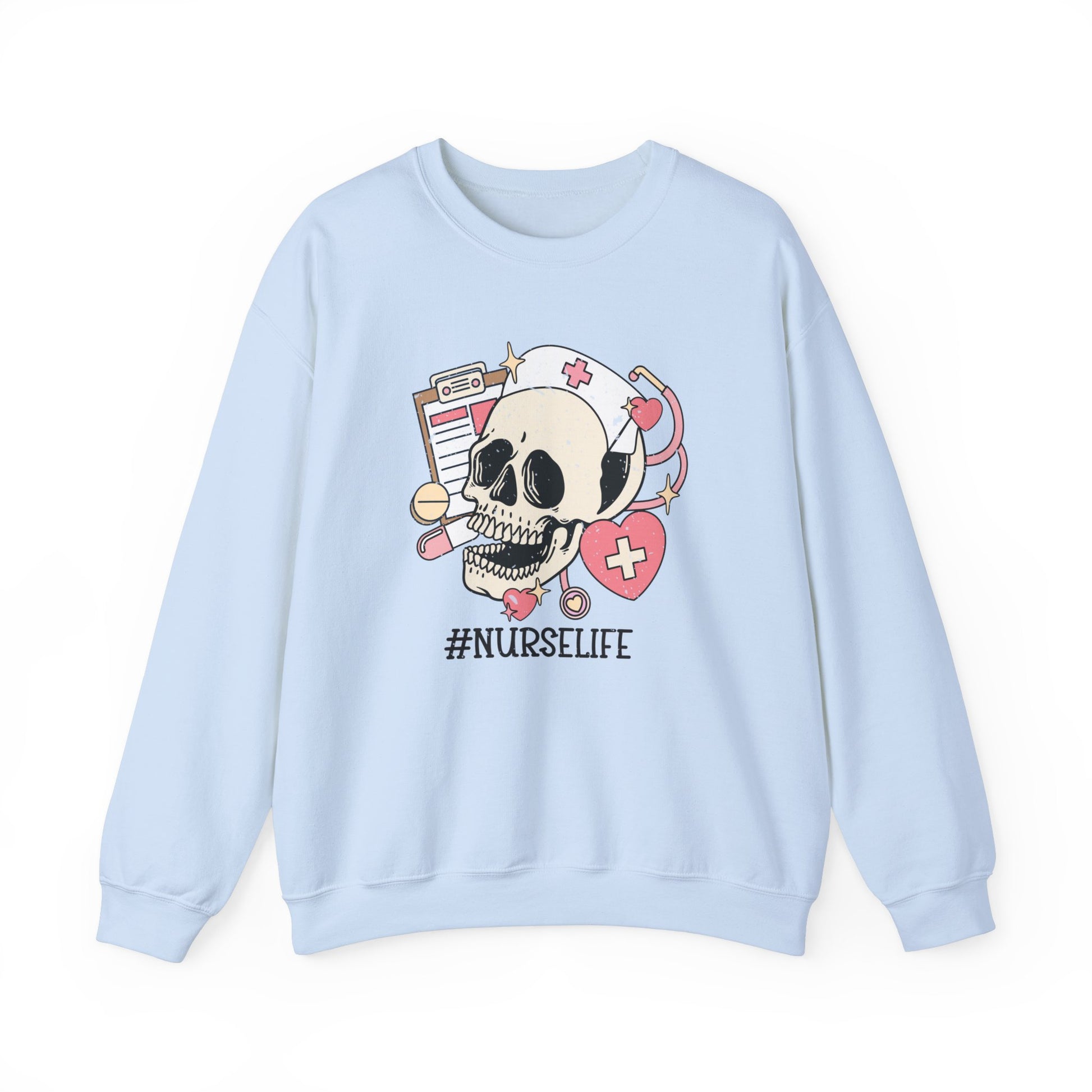 Halloween Nurse Sweatshirt,  Funny Spooky Skull Graphic Shirt, Spooky Season Sweater, Fall Season, Autumn Style Sweatshirt Sweatshirt Printify S Light Blue 