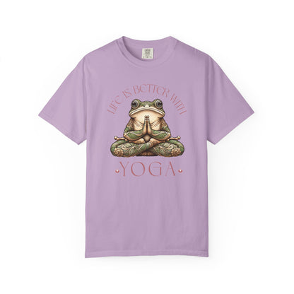 Pink Yoga Frog Life Is Better With Yoga Unisex T-Shirt, Casual Wear, Highlander Fan Gift, T-Shirt Printify Orchid S