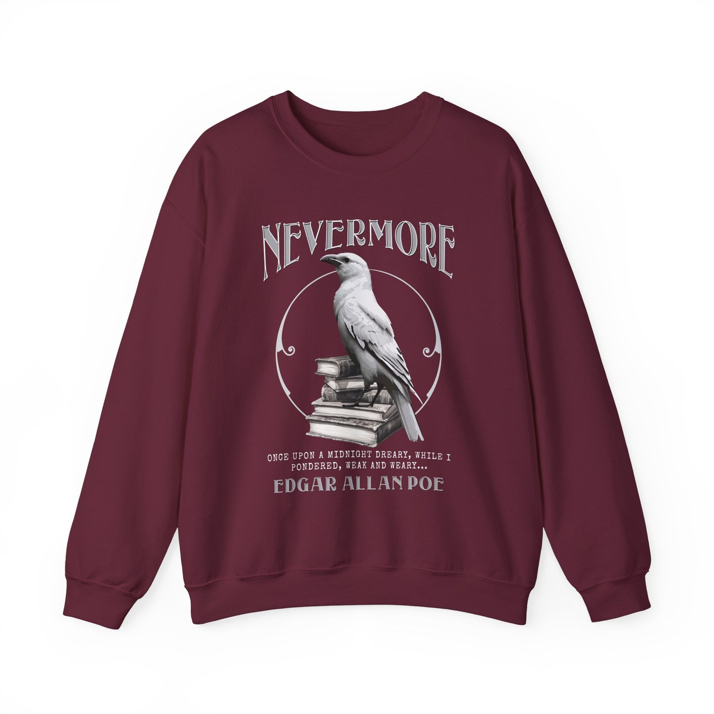 The White Raven Edgar Allan Poe Nevermore Sweatshirt Book Lover Halloween Haunting Gothic Gift Light Dark Academia Horror Movie Bookclub Sweater Sweatshirt Printify S Maroon 