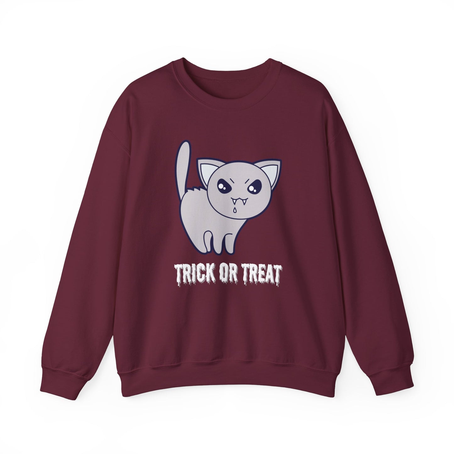 Cute Halloween Vampire Cat Sweatshirt, Trick or Treat Shirt, Spooky Ghost Season, Fun Halloween Fall, Festival Sweatshirt Sweatshirt Printify S Maroon 