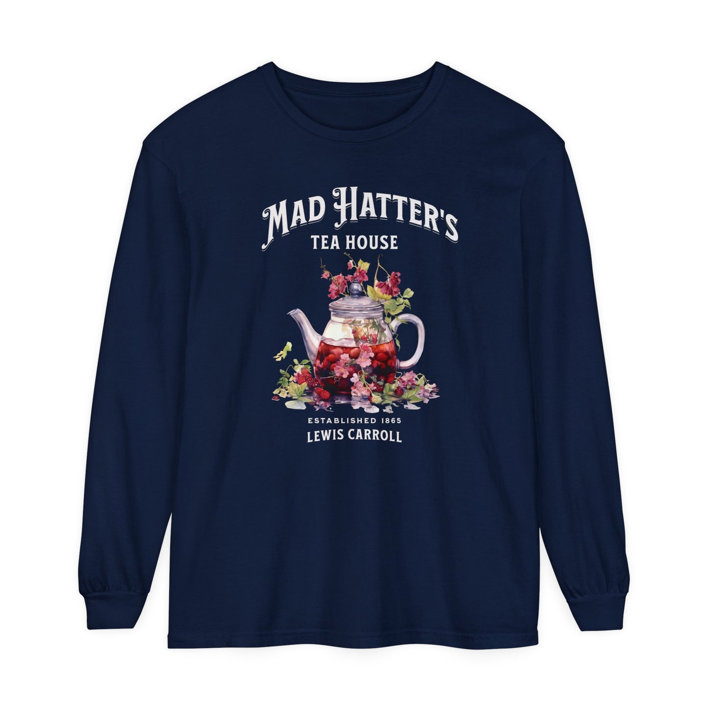 Mad Hatter's Tea Long Sleeve Shirt Alice In Wonderland Lewis Carroll Whimsigoth Academia TShirt Mad Hatter Tea Party Tee Bookish Booktok Long-sleeve Printify True Navy S 