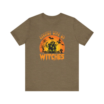 Witches and Haunted House Shirt,  Spooky Halloween Season Graphic Tee, Sunset Halloween Design, Creepy Fall or Autumn Style T Shirt, T-Shirt Printify Heather Olive XS 