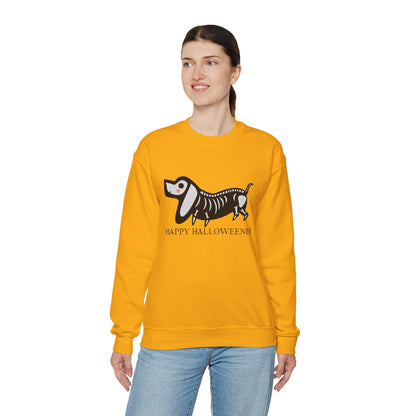 Funny Halloween Dachshund Lover Sweatshirt, Skeleton Dachshund Walking Graphic, Trick or Treat Shirt, Spooky Season, Happy Halloweenie Top Sweatshirt Printify   