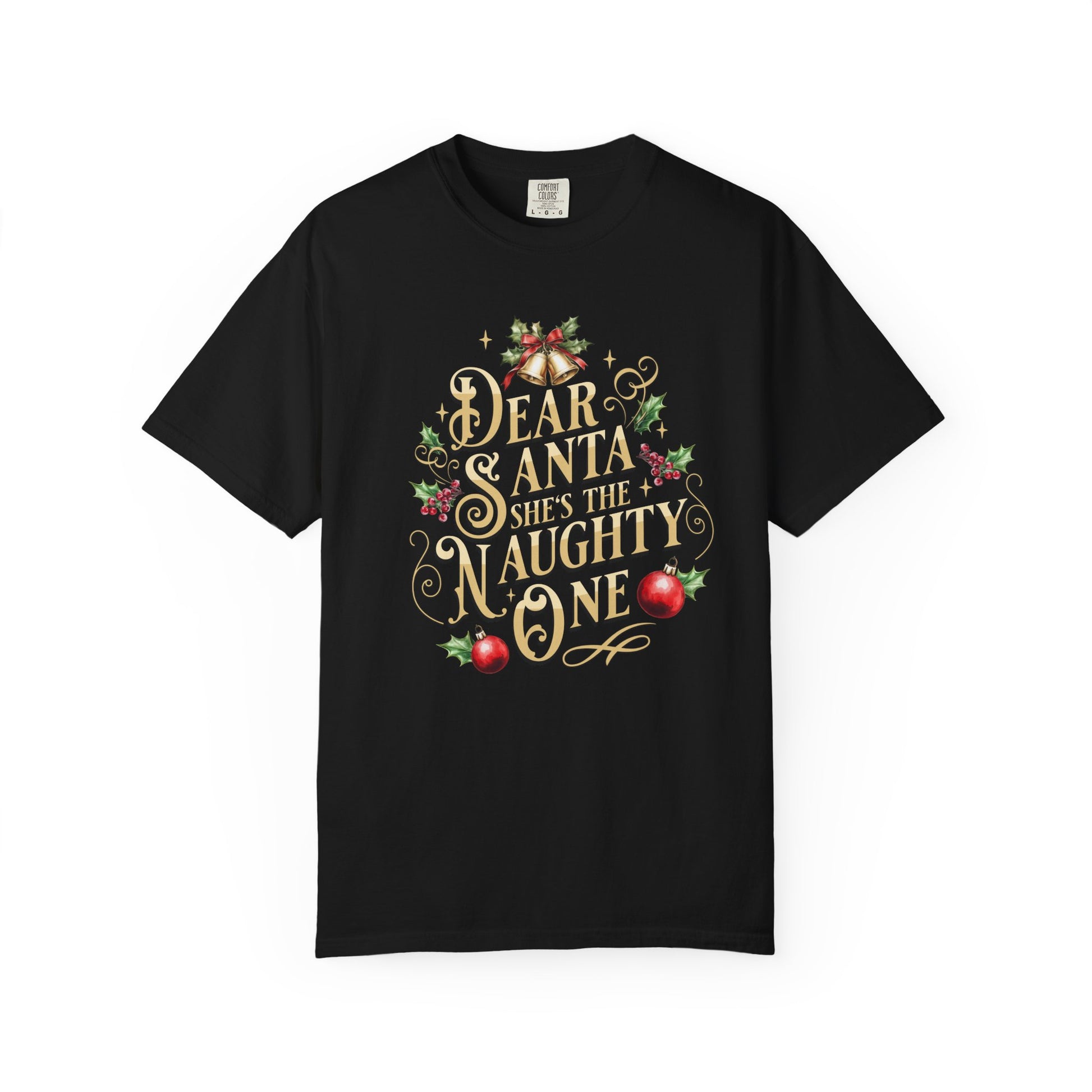 She's The Naughty One Christmas T-Shirt, Funny Holiday Gift, Dear Santa I'm the Reason Why Tee, Unisex Casual Wear, Festive Apparel T-Shirt Printify Black S