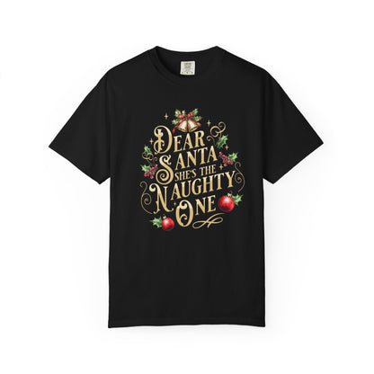She's The Naughty One Christmas T-Shirt, Funny Holiday Gift, Dear Santa I'm the Reason Why Tee, Unisex Casual Wear, Festive Apparel T-Shirt Printify Black S