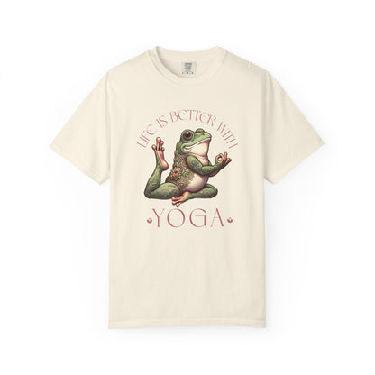 Pink Yoga Frog Life Is Better With Yoga Unisex T-Shirt, Casual Wear, Highlander Fan Gift, T-Shirt Printify Ivory S