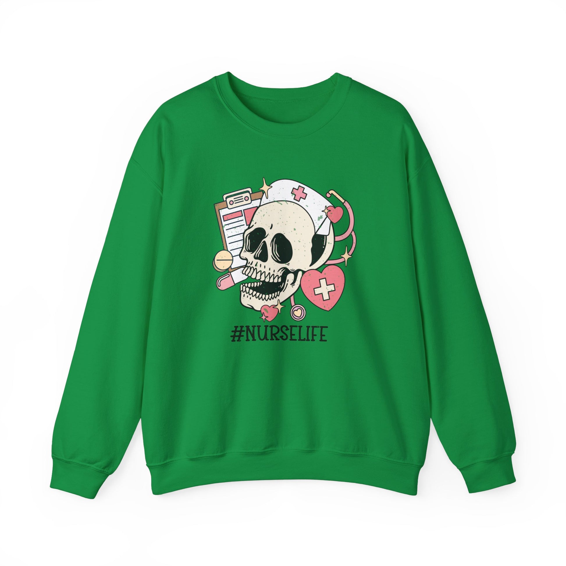 Halloween Nurse Sweatshirt,  Funny Spooky Skull Graphic Shirt, Spooky Season Sweater, Fall Season, Autumn Style Sweatshirt Sweatshirt Printify S Irish Green 