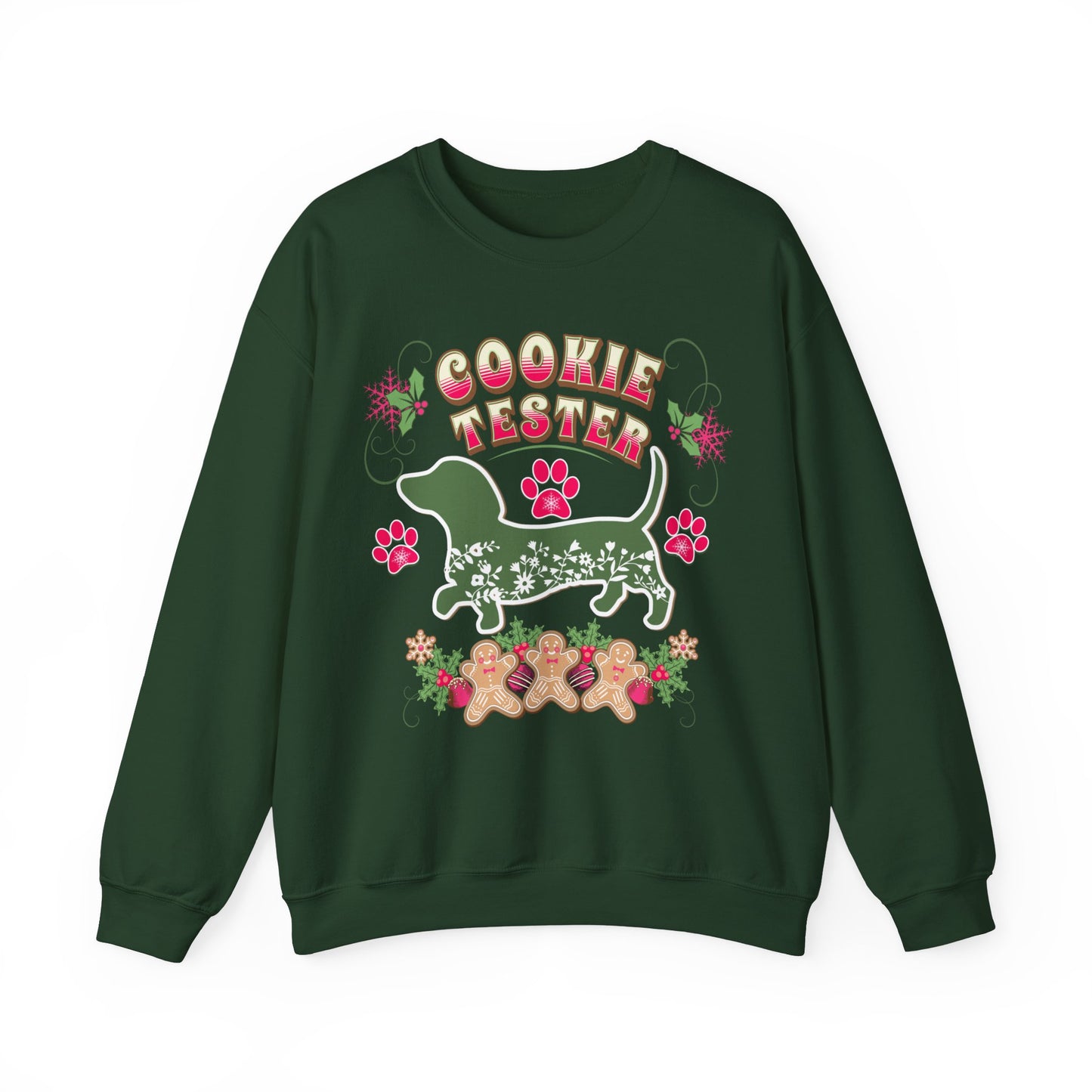 Christmas Dachshund Lover Baking Sweatshirt, Doxie Cookie Tester XMas T-Shirt, Dog Lover Shirt, Matching Family Christmas Cookie Baking Gift Sweatshirt Printify S Forest Green 