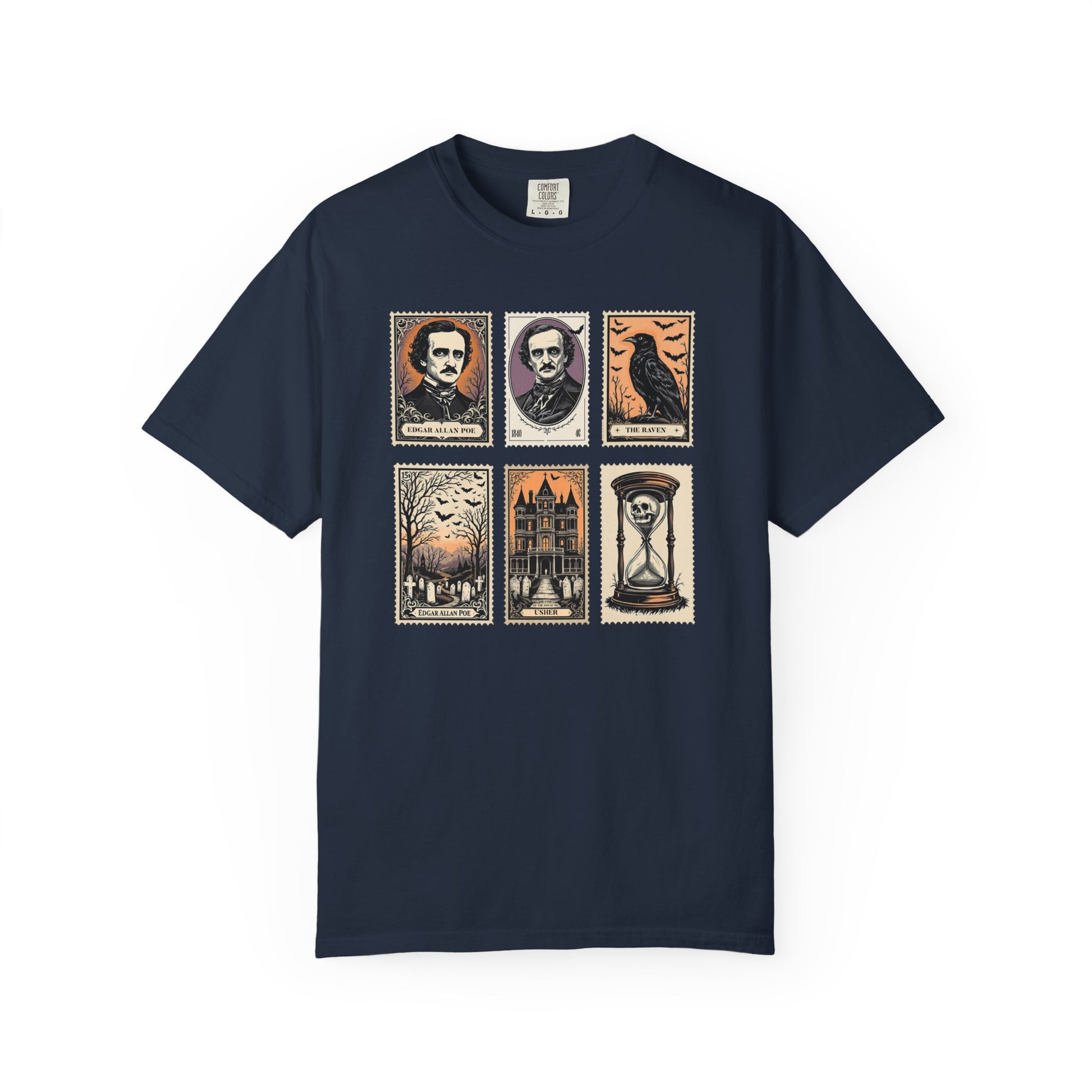 Edgar Allan Poe T-Shirt Gothic Graphic Tee The Raven Nevermore Quote Horror Literature Shirt Dark Academia Aesthetic Halloween Party Gift T-Shirt Printify Navy S