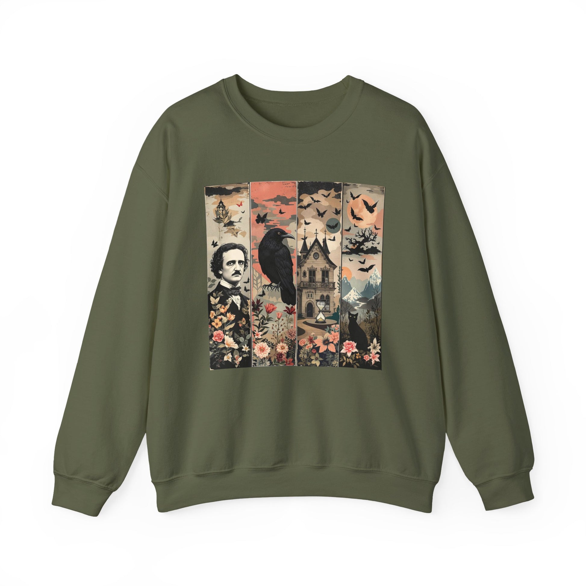 Edgar Allan Poe Sweatshirt The Raven Nevermore Gothic Horror Sweater Dark Academia Macabre Halloween Gift for Book Lovers Birthday Christmas Sweatshirt Printify Military Green S