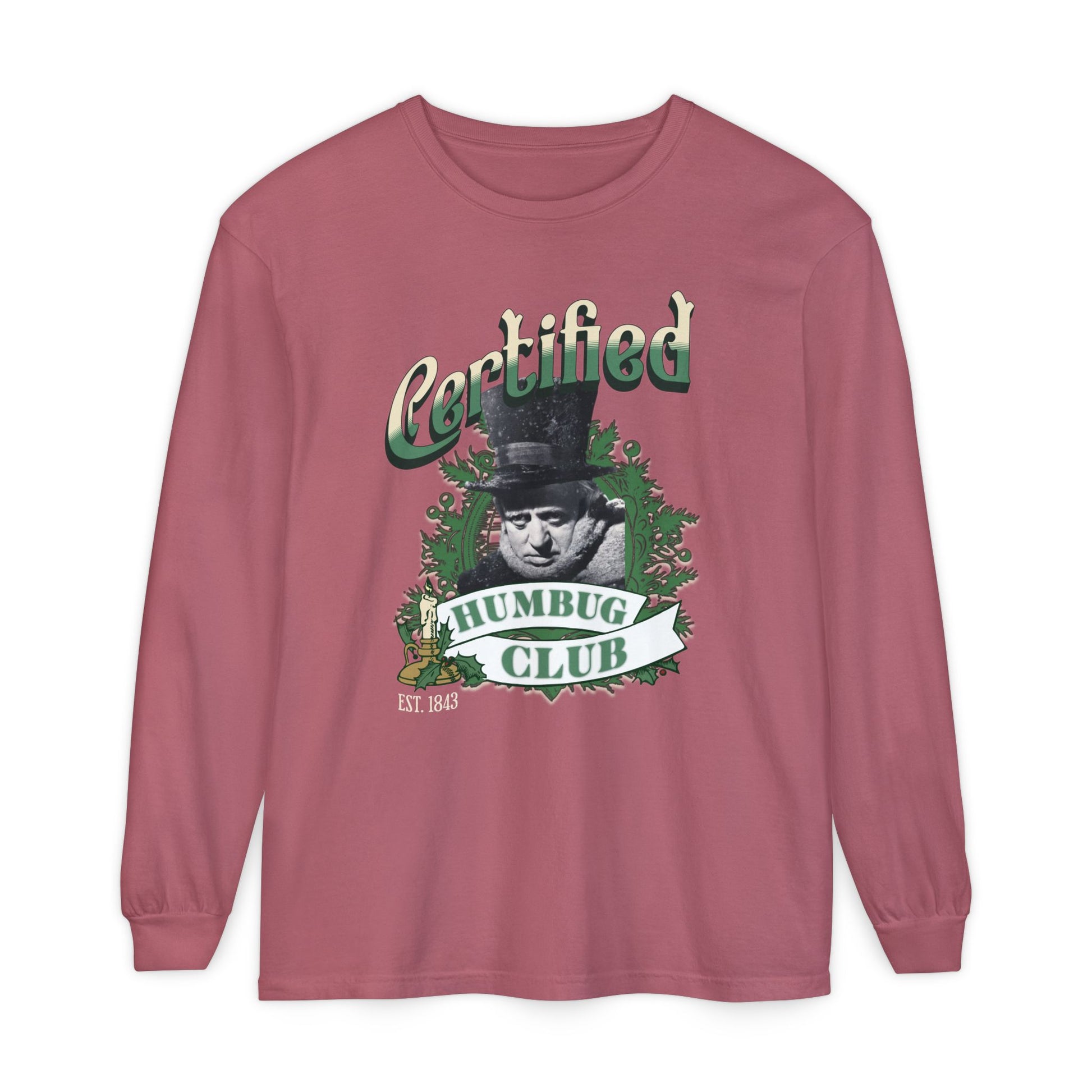 A Christmas Carol Long Sleeve T-Shirt | Vintage Humor Tee Certified Humbug Club Unisex Gift Gag Holiday Apparel Casual Outfit Long-sleeve Printify Crimson S
