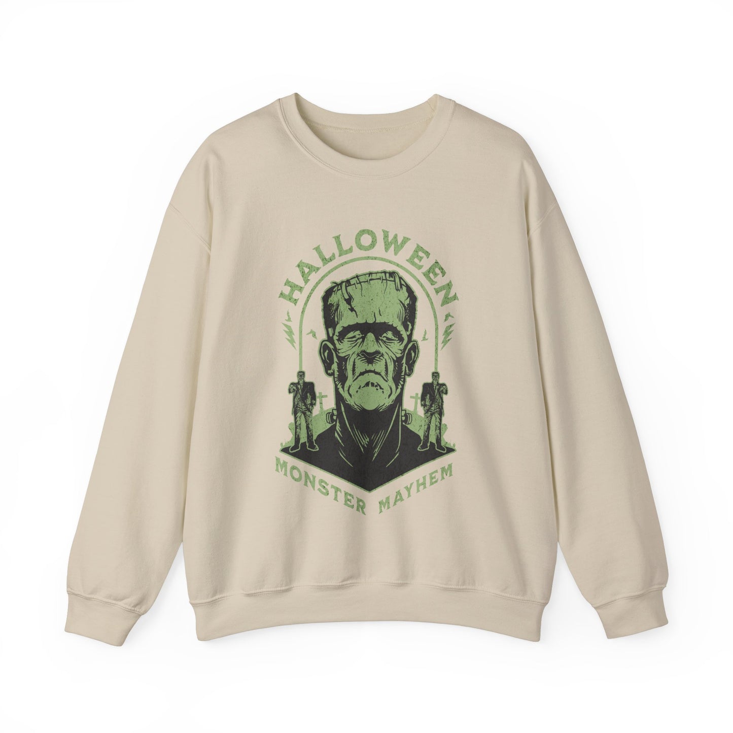 Vintage Halloween Frankenstein Monster Graphic Sweatshirt, Creepy Spooky Book Lover Gift, Horror Movie, Fall Festival Party Sweater. Sweatshirt Printify S Sand 