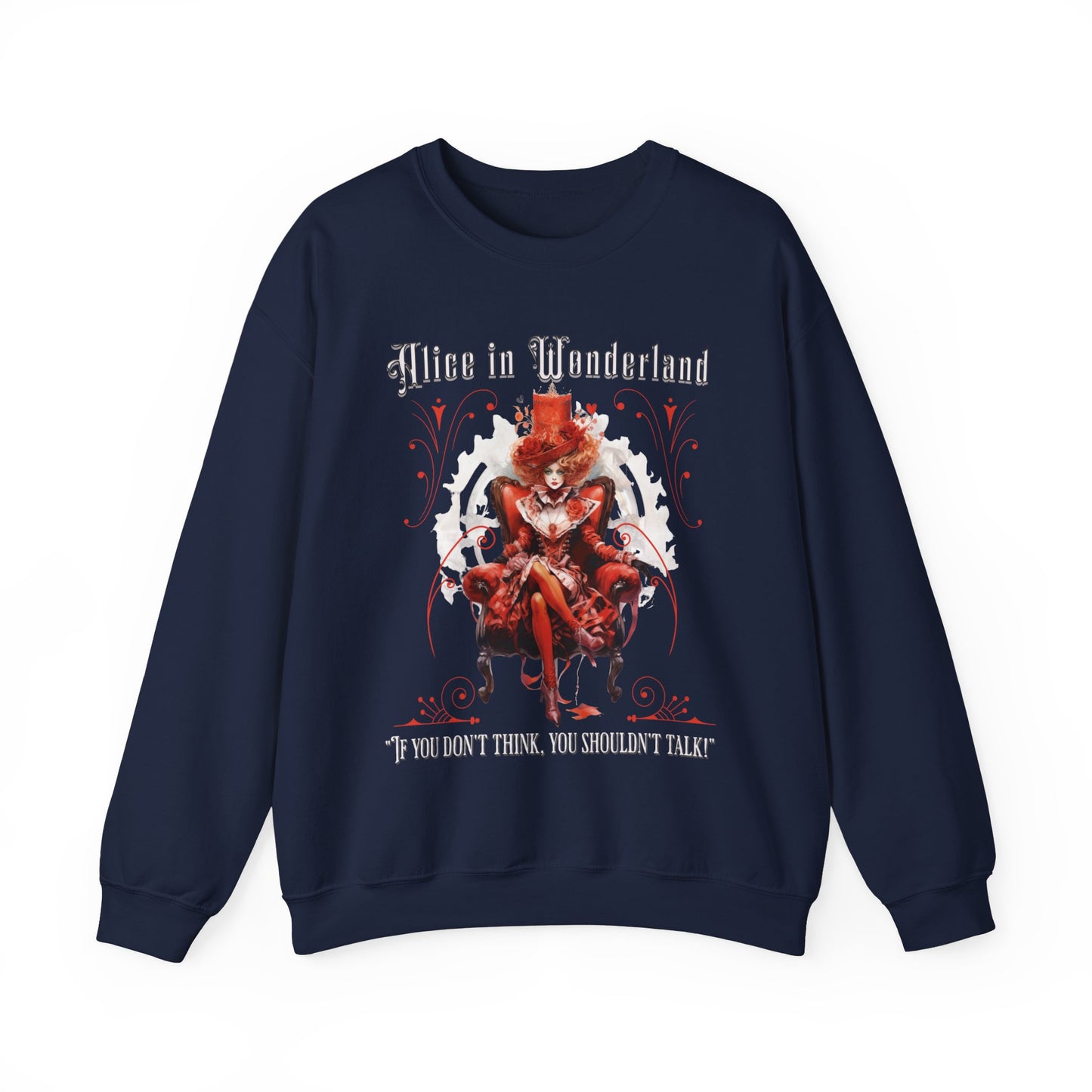 Queen of Hearts Sweatshirt, Alice In Wonderland Lewis Carroll Whimsigoth Academia Sweater Mad Hatter Tea Party Tee Bookish Booktok Gift Sweatshirt Printify S Navy 