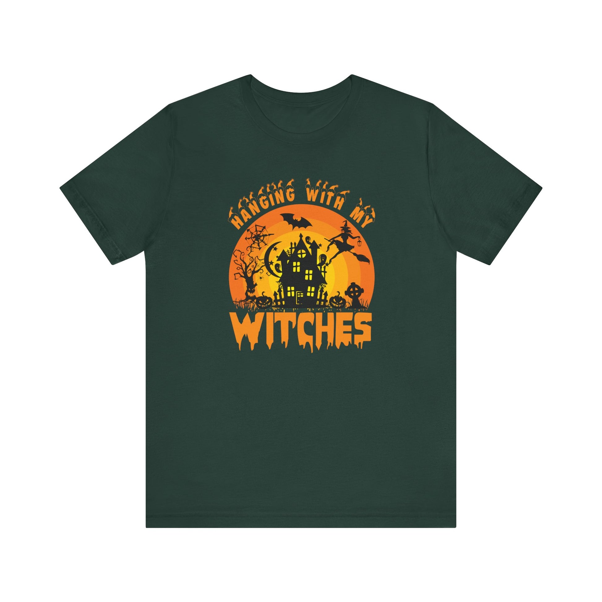 Witches and Haunted House Shirt,  Spooky Halloween Season Graphic Tee, Sunset Halloween Design, Creepy Fall or Autumn Style T Shirt, T-Shirt Printify Forest XS 