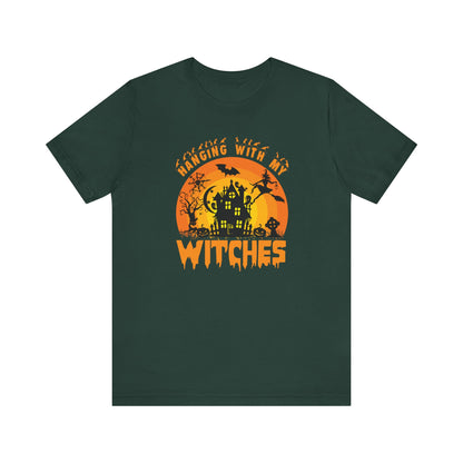 Witches and Haunted House Shirt,  Spooky Halloween Season Graphic Tee, Sunset Halloween Design, Creepy Fall or Autumn Style T Shirt, T-Shirt Printify Forest XS 