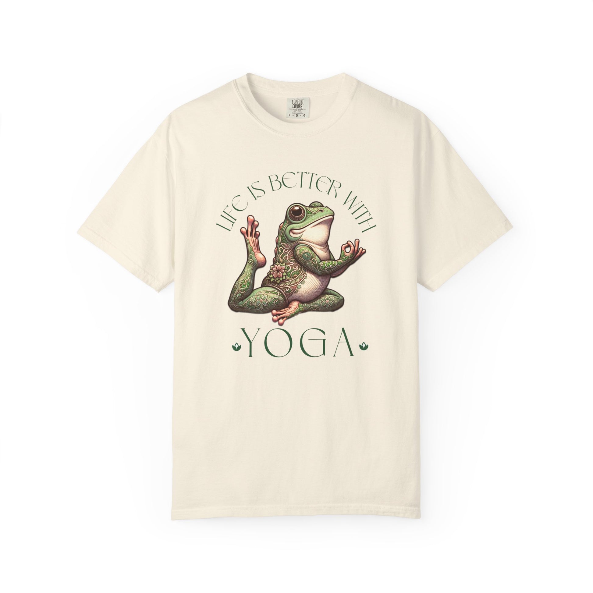 Green Yoga Frog Life Is Better With Yoga Unisex T-Shirt, Casual Wear, Highlander Fan Gift, T-Shirt Printify Ivory S