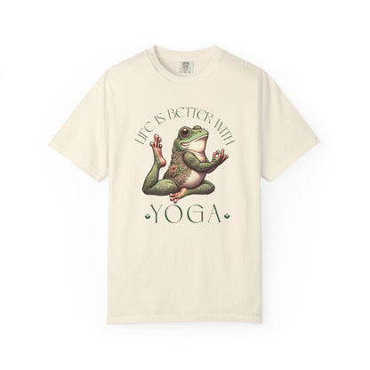 Green Yoga Frog Life Is Better With Yoga Unisex T-Shirt, Casual Wear, Highlander Fan Gift, T-Shirt Printify Ivory S