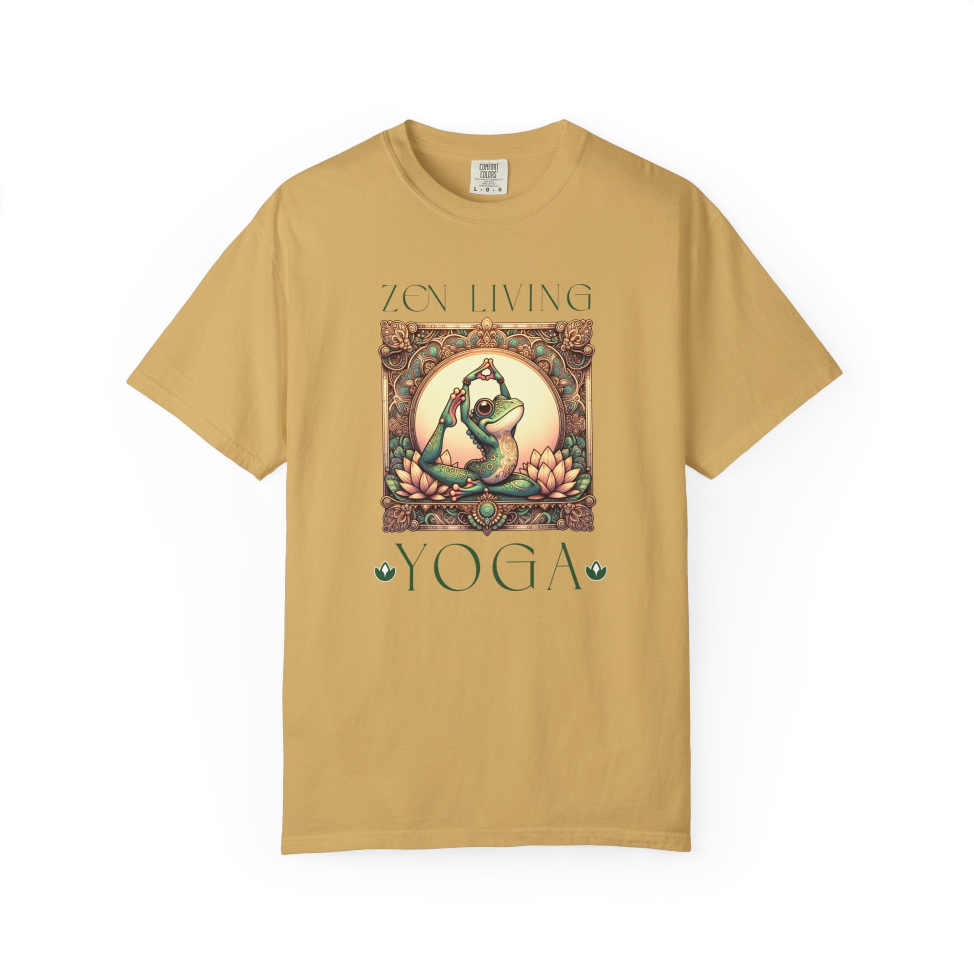 Green Yoga Frog Zen Living Unisex T-Shirt, Casual Wear, Highlander Fan Gift, T-Shirt Printify Mustard S