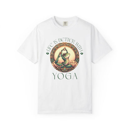 Green Yoga Frog Life Is Better With Yoga Unisex T-Shirt, Casual Wear, Highlander Fan Gift, T-Shirt Printify White S
