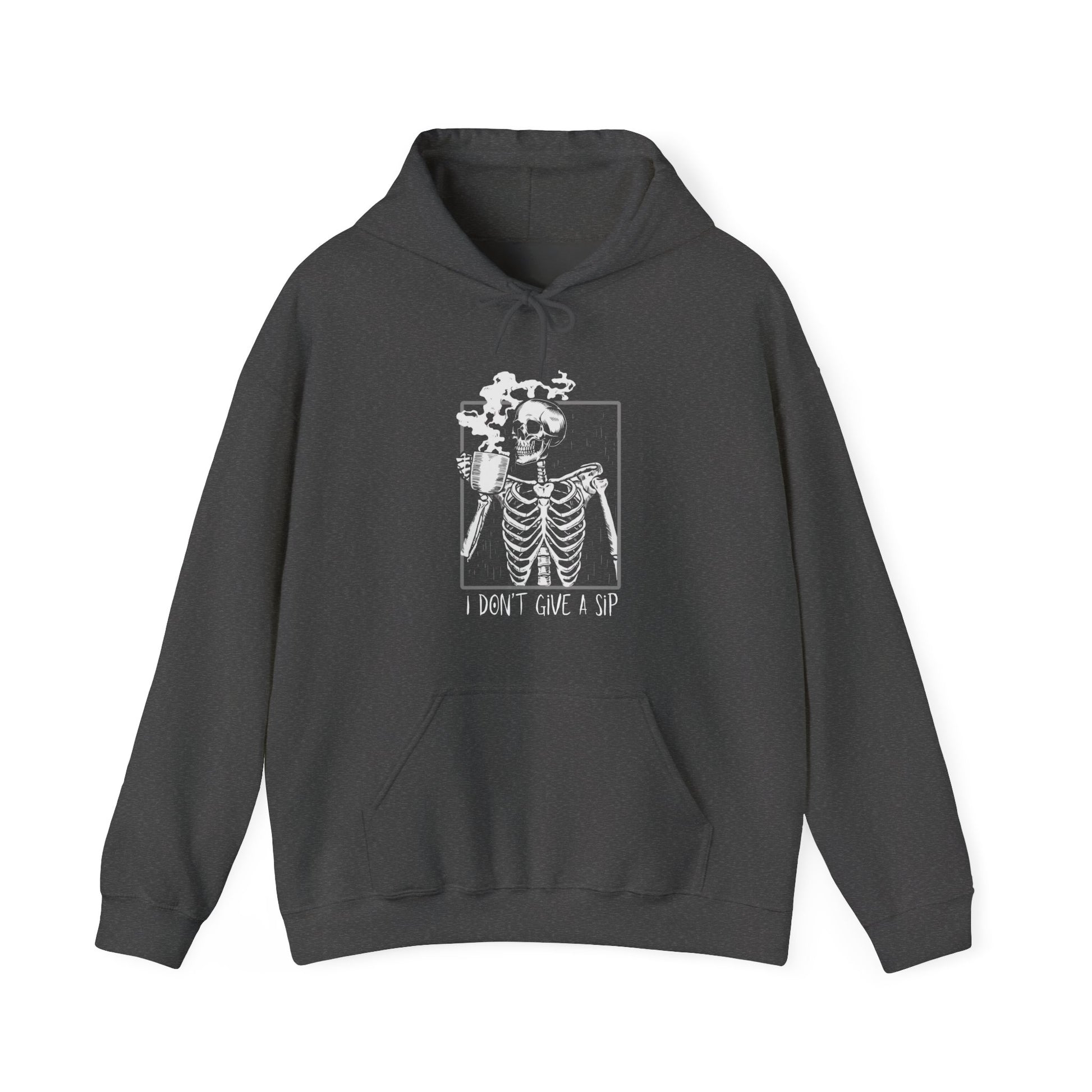 Halloween Skeleton Hoodie, Funny Coffee Drinking Skeleton, Spooky Season Sweater, Trick or Treating Shirt, Warm Halloween Party Hoodie Hoodie Printify Dark Heather S 