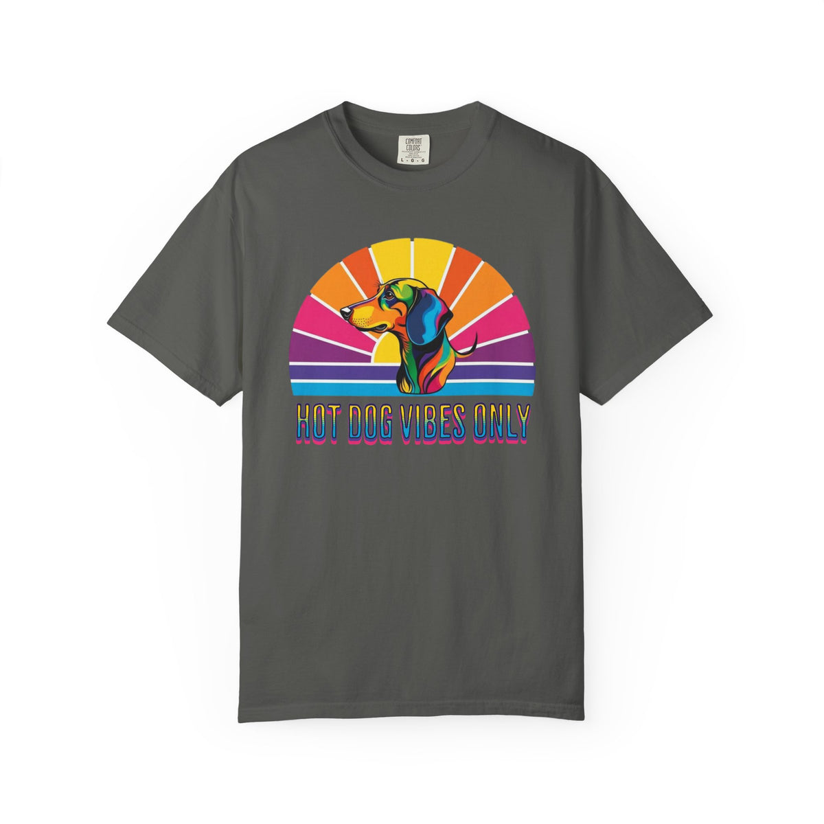 Hot Dog Vibes Only Dachshund T-shirt | Retro Rainbow Sunrise