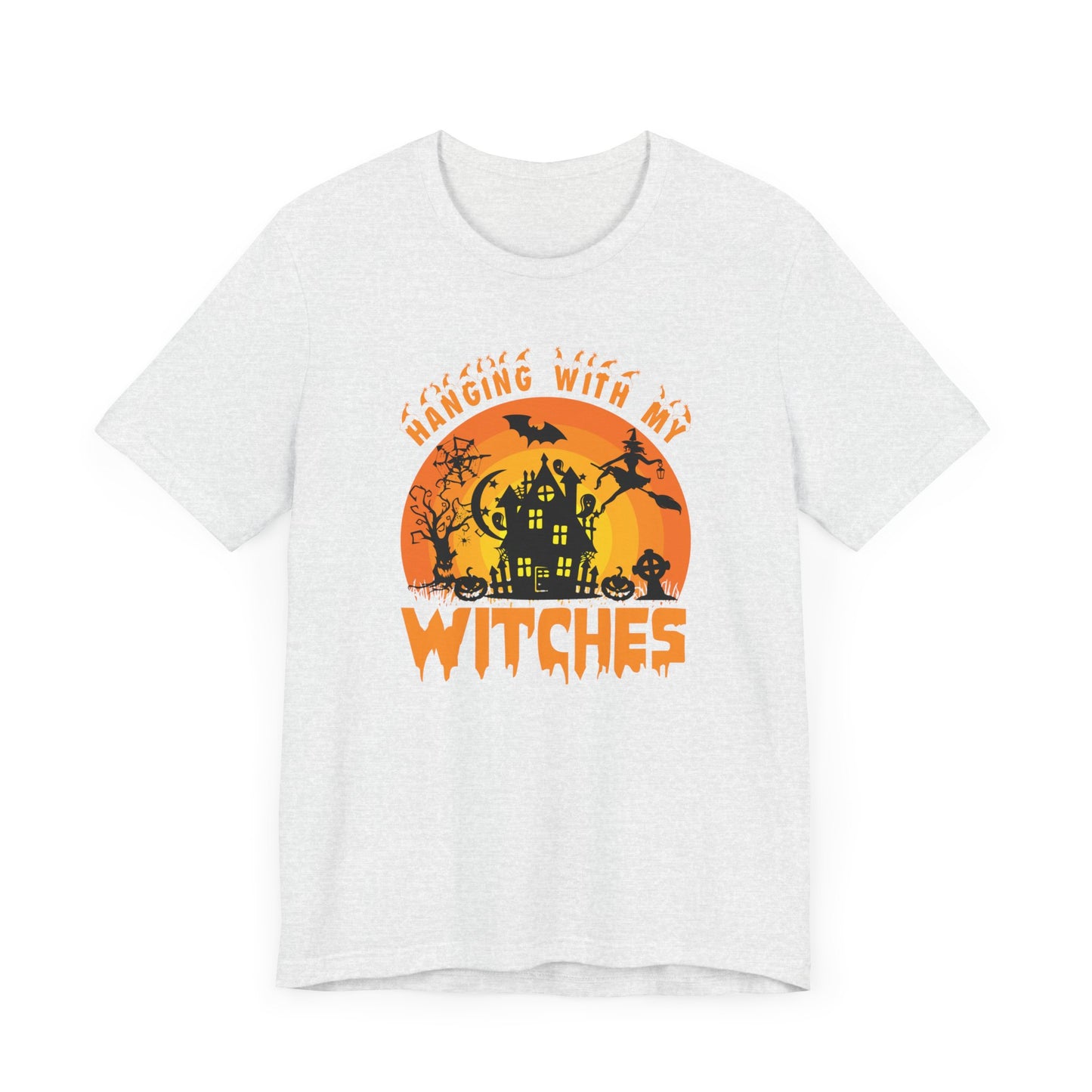 Witches and Haunted House Shirt,  Spooky Halloween Season Graphic Tee, Sunset Halloween Design, Creepy Fall or Autumn Style T Shirt, T-Shirt Printify   