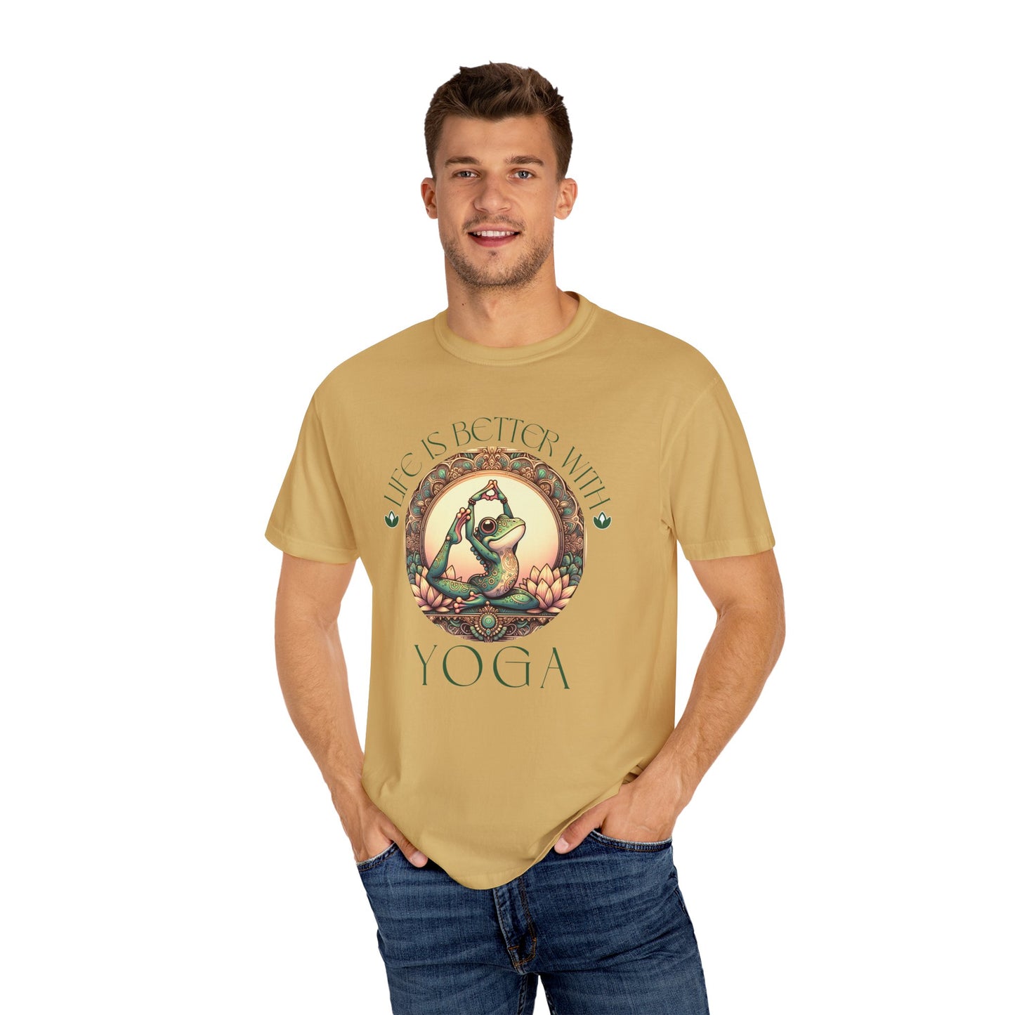 Green Yoga Frog Life Is Better With Yoga Unisex T-Shirt, Casual Wear, Highlander Fan Gift, T-Shirt Printify