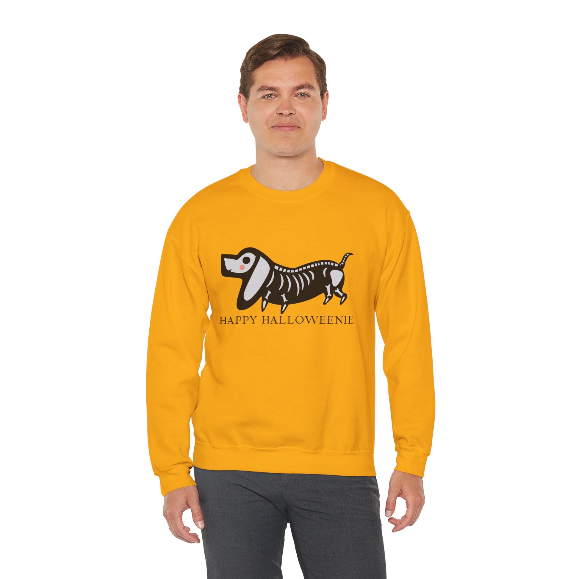 Funny Halloween Dachshund Lover Sweatshirt, Skeleton Dachshund Walking Graphic, Trick or Treat Shirt, Spooky Season, Happy Halloweenie Top Sweatshirt Printify   