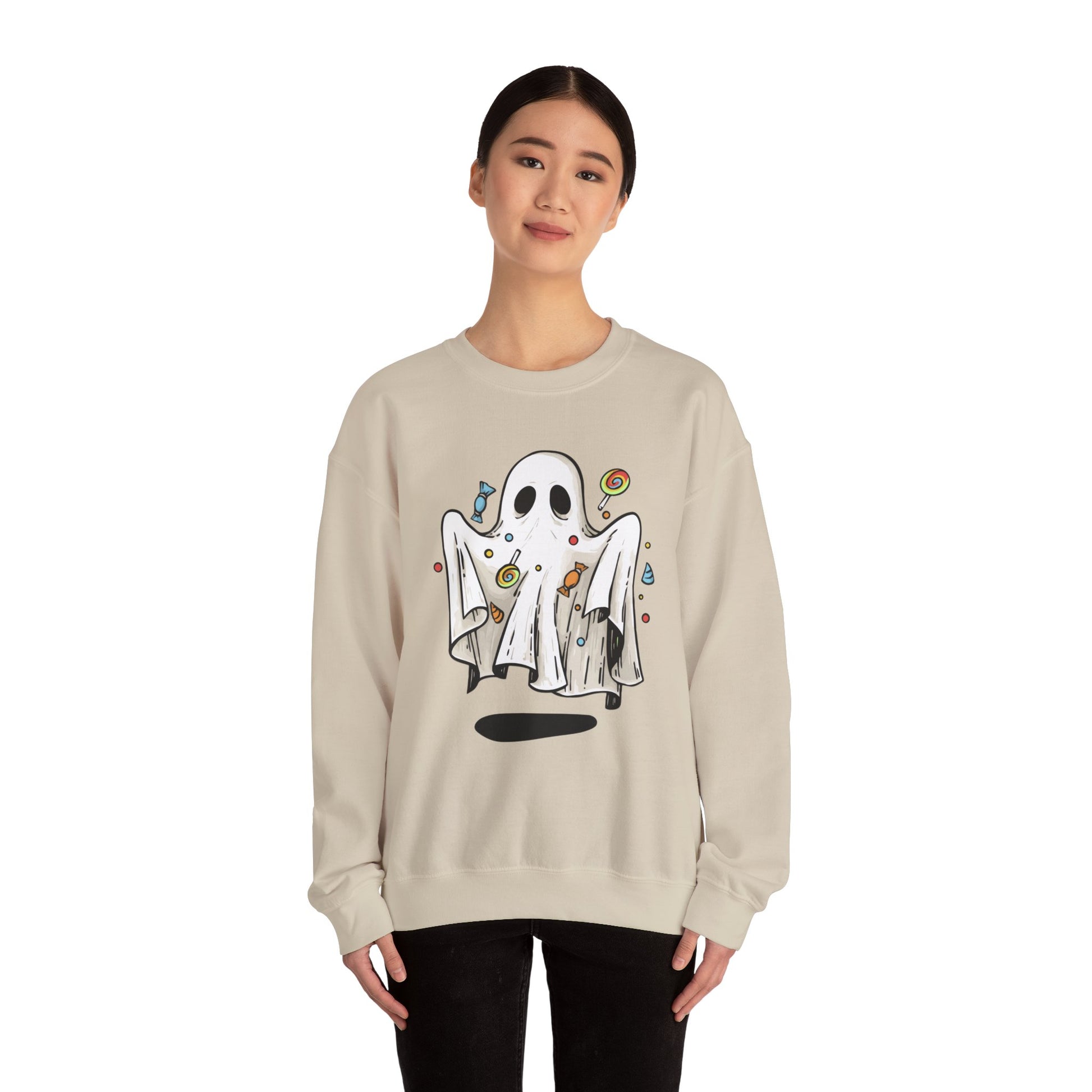 Cute Halloween Ghost Floating, Covered in Candy Sweatshirt, Trick or Treat Shirt, Spooky Ghost Season, Fun Halloween Party, Festival Sweater Sweatshirt Printify   