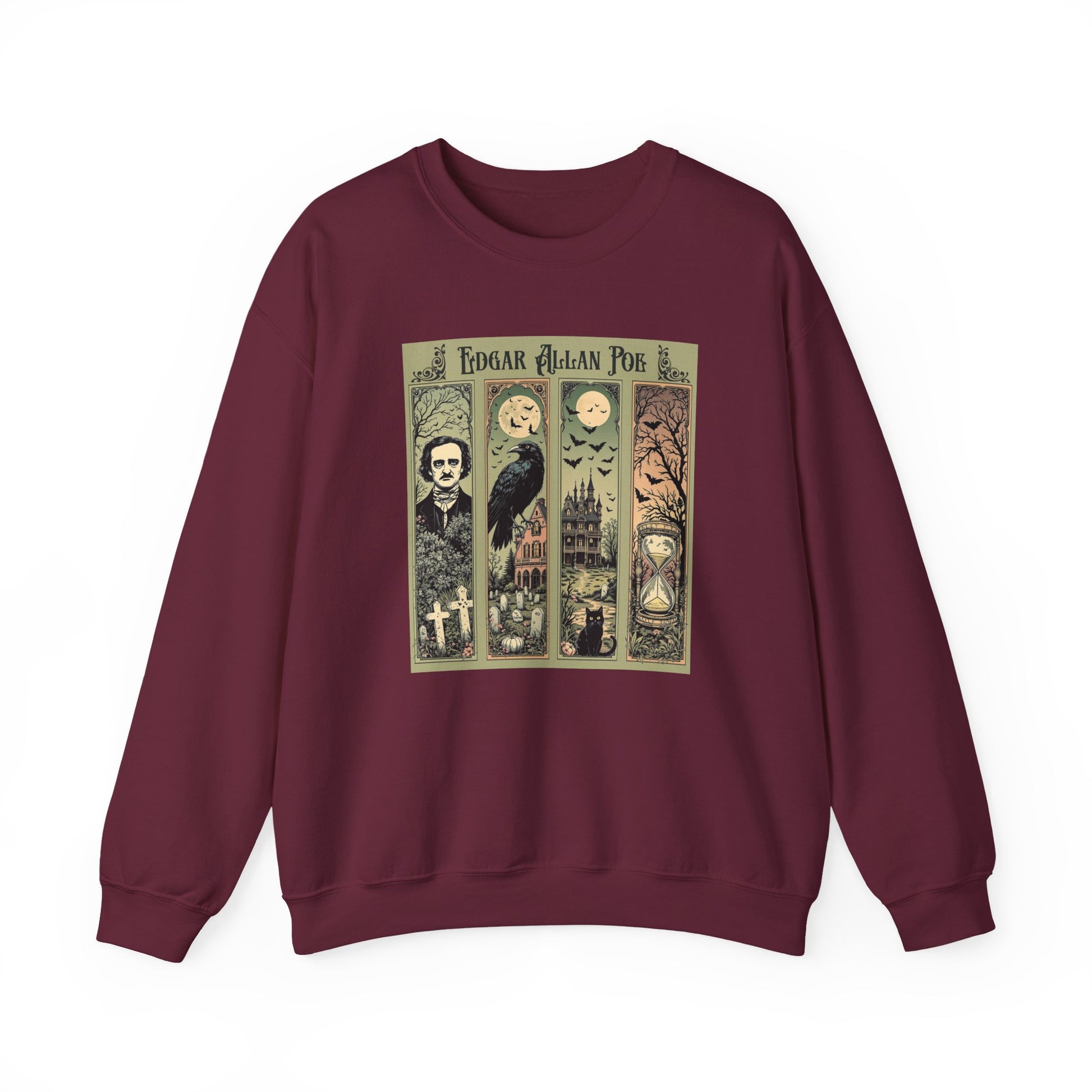 Edgar Allan Poe Sweatshirt The Raven Nevermore Gothic Horror Sweater Dark Academia Macabre Halloween Gift for Book Lovers Birthday Christmas Sweatshirt Printify Maroon S