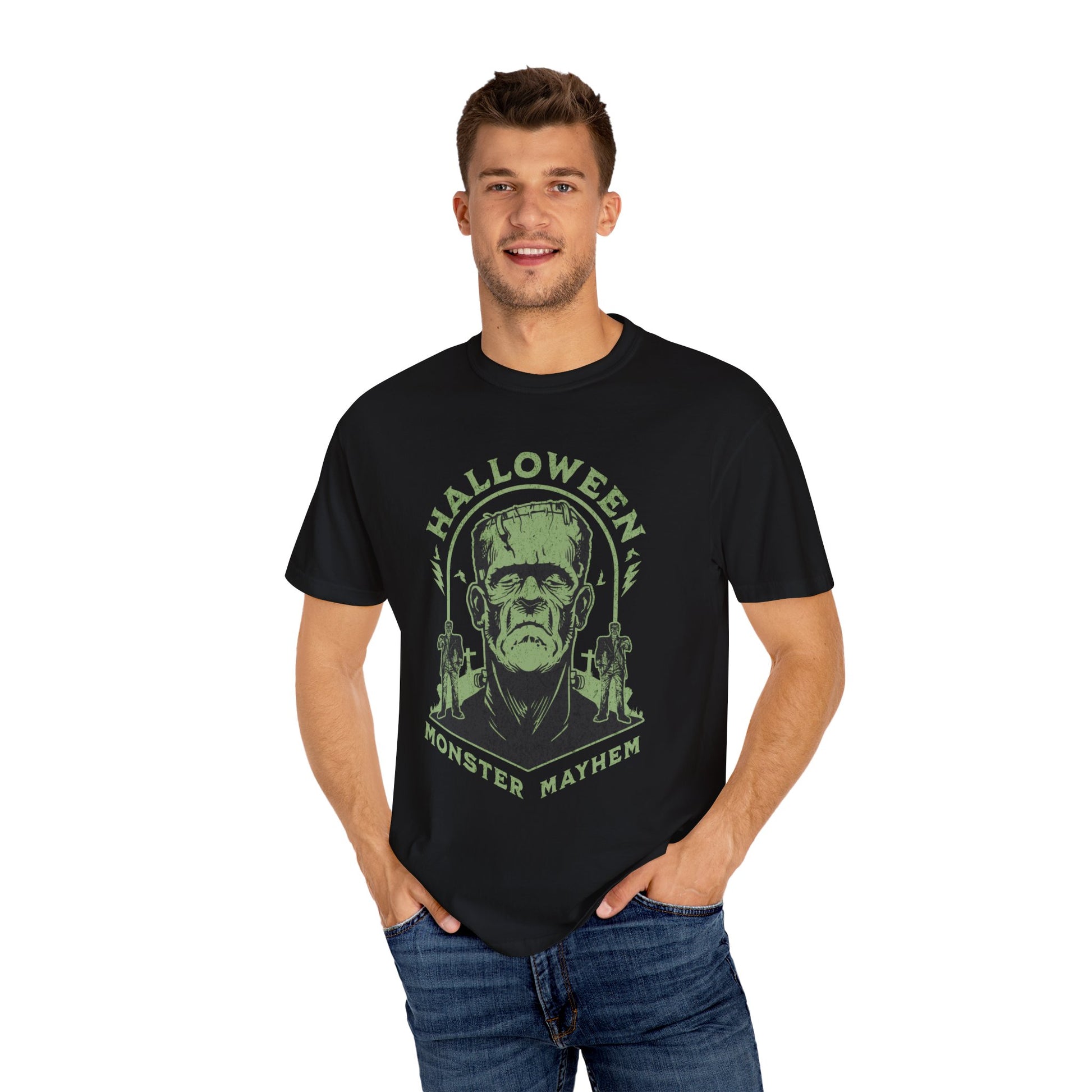 Vintage Halloween Frankenstein Monster Graphic Tee, Creepy Spooky Book Lover Gift, Horror Movie, Fall Festival Party Comfort Colors T Shirt. T-Shirt Printify   