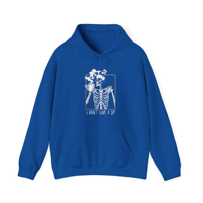 Halloween Skeleton Hoodie, Funny Coffee Drinking Skeleton, Spooky Season Sweater, Trick or Treating Shirt, Warm Halloween Party Hoodie Hoodie Printify Royal S 