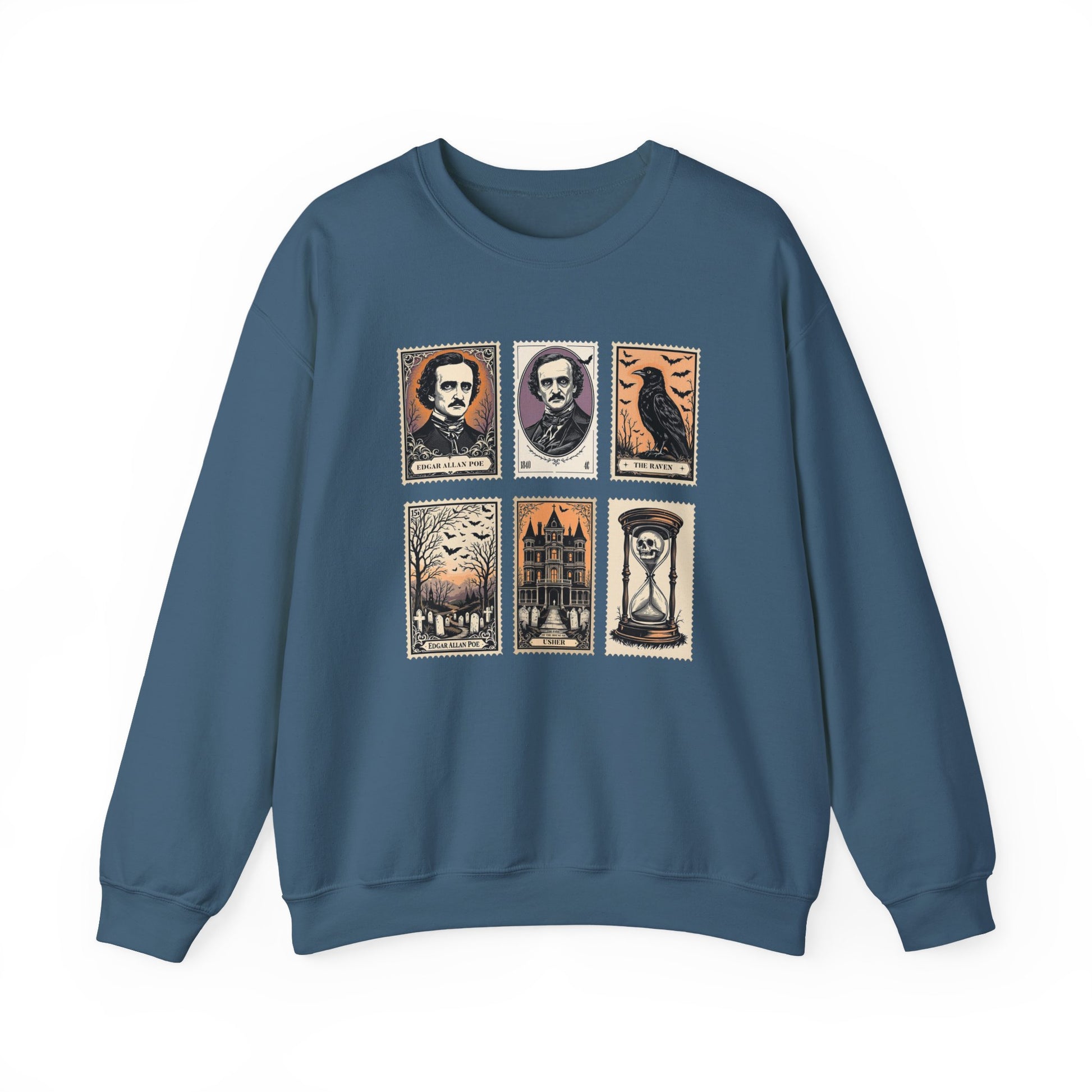 Edgar Allan Poe Sweatshirt The Raven Nevermore Gothic Horror Sweater Dark Academia Macabre Halloween Gift for Book Lovers Birthday Christmas Sweatshirt Printify Indigo Blue S