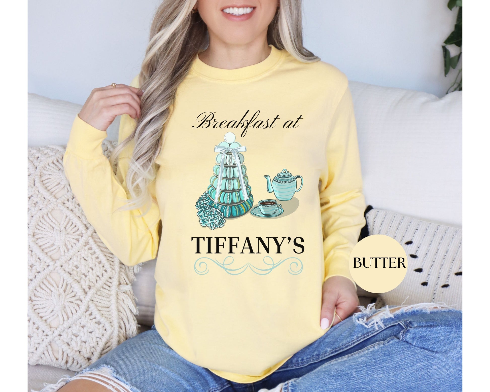 Breakfast at Tiffany's T & Co Long Sleeve Shirt, Classic Audrey Hepburn Crew, Girls Brunching Weekend TShirt, Truman Capote Fan Gift for Her Long-sleeve Printify   