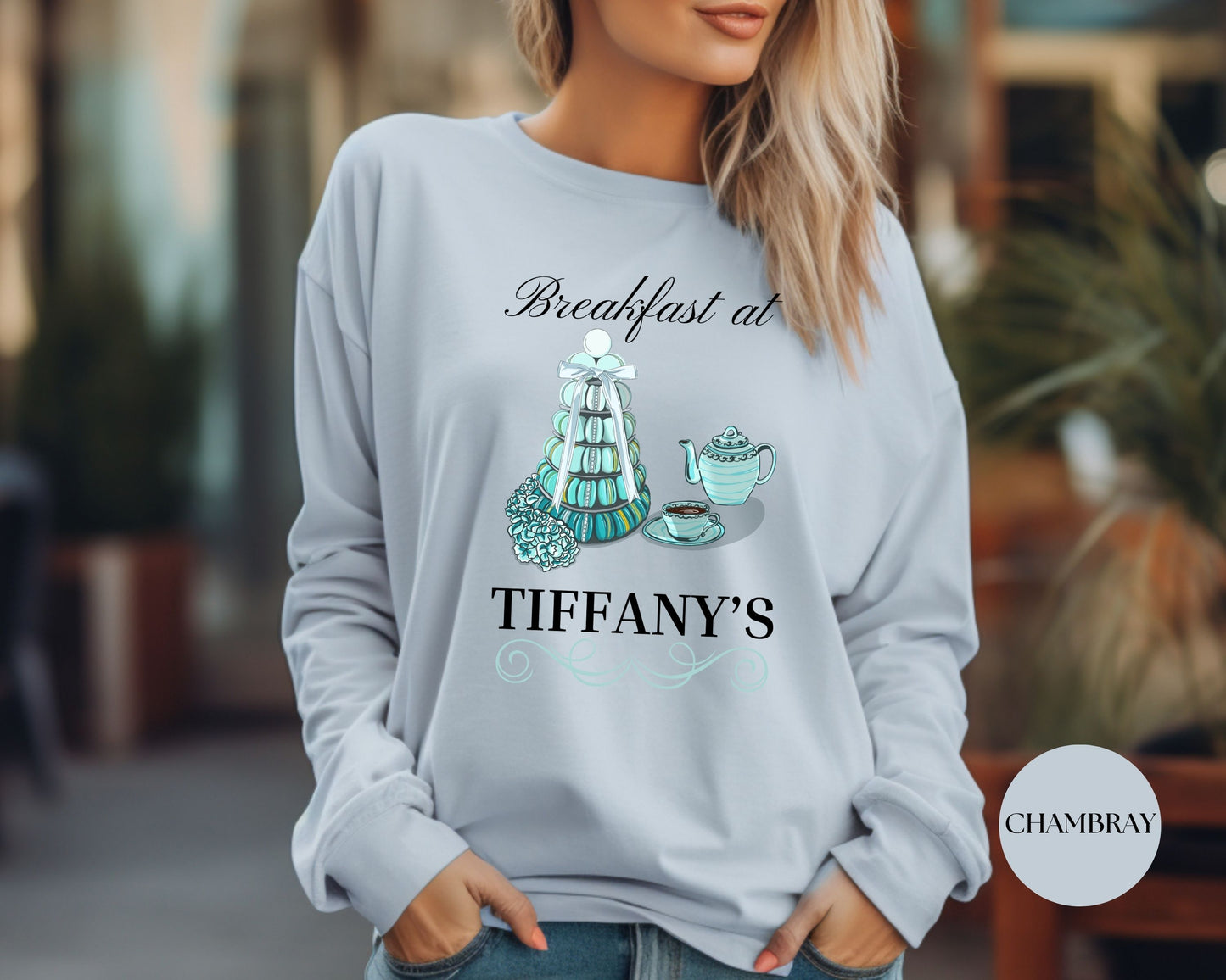 Breakfast at Tiffany's T & Co Long Sleeve Shirt, Classic Audrey Hepburn Crew, Girls Brunching Weekend TShirt, Truman Capote Fan Gift for Her Long-sleeve Printify   