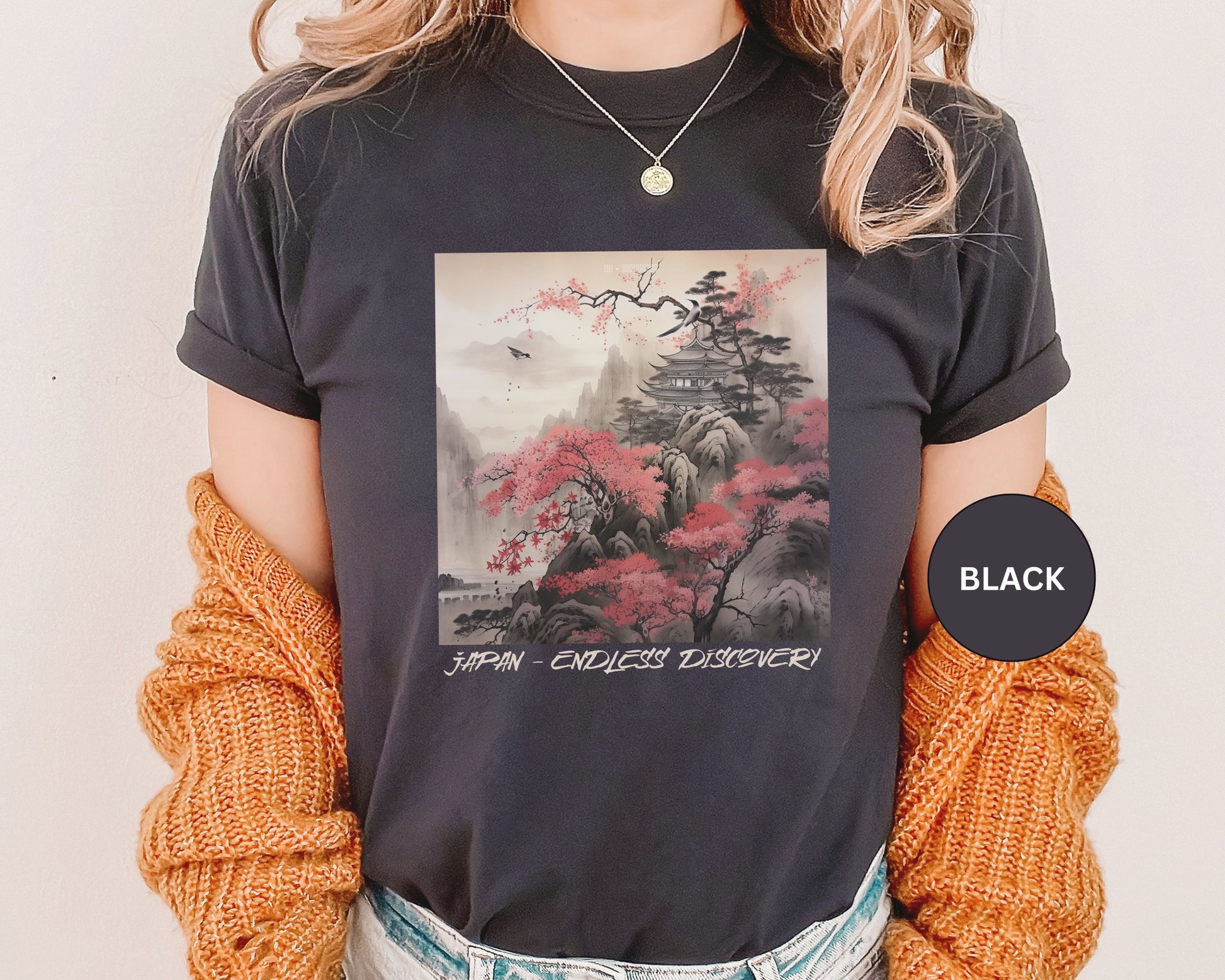 Japanese Mountain T-Shirt Pretty Sumi-e Style Japan Landscape Ink Painting Gift For Her Japanese Vacation Vintage Japanese Aesthetic Tee T-Shirt Printify   