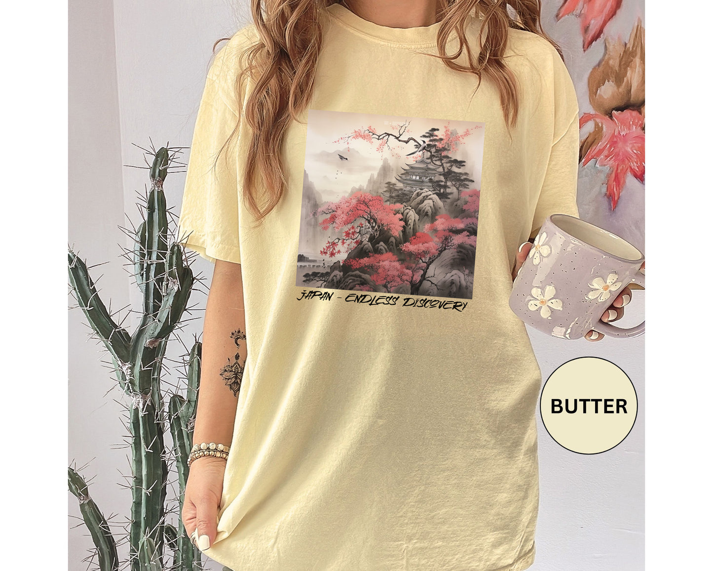 Japanese Mountain T-Shirt Pretty Sumi-e Style Japan Landscape Ink Painting Gift For Her Japanese Vacation Vintage Japanese Aesthetic Tee T-Shirt Printify   