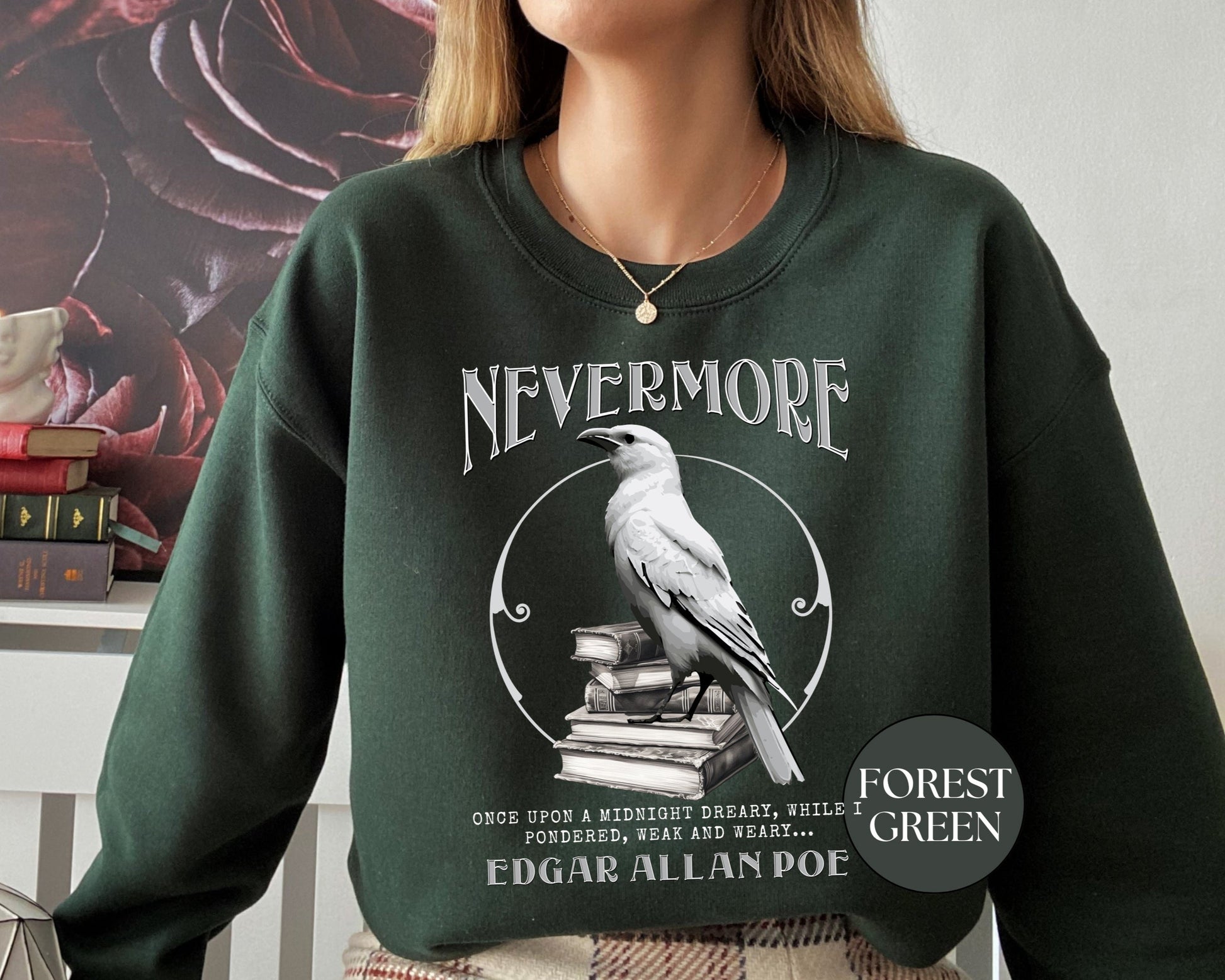 The White Raven Edgar Allan Poe Nevermore Sweatshirt Book Lover Halloween Haunting Gothic Gift Light Dark Academia Horror Movie Bookclub Sweater Sweatshirt Printify   