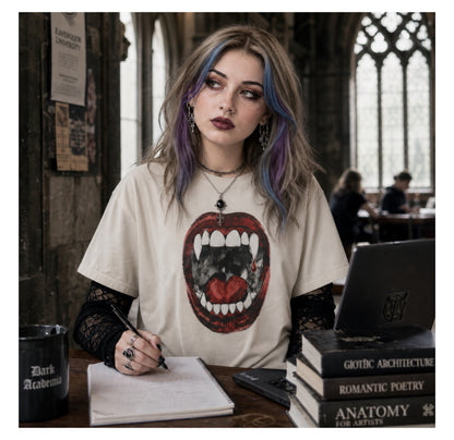 Vampire Open Mouth and Fangs T-shirt, Gothic Vibes, Dark Academia Vampire Bites Shirt, Dracula Fan Gift, Fall Sweatshirt, Jumper