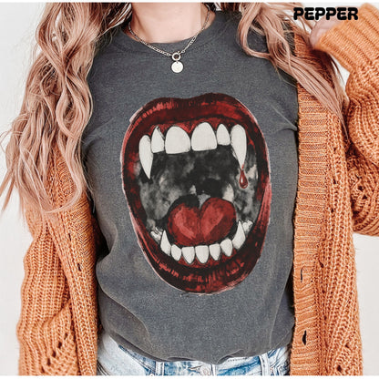 Vampire Open Mouth and Fangs T-shirt, Gothic Vibes, Dark Academia Vampire Bites Shirt, Dracula Fan Gift, Fall Sweatshirt, Jumper