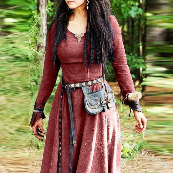 The Ashera Medieval Dress Renaissance Long Sleeve Gown Fairy Elven Dress Jenny Meadow Burgundy S