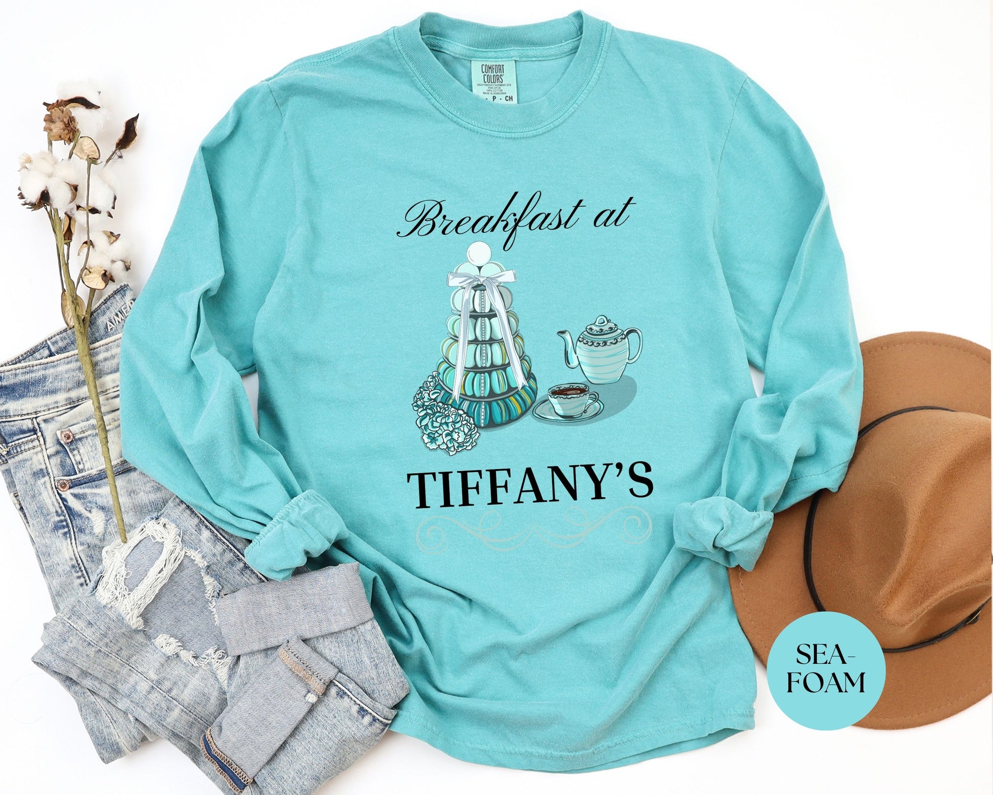 Breakfast at Tiffany's T & Co Long Sleeve Shirt, Classic Audrey Hepburn Crew, Girls Brunching Weekend TShirt, Truman Capote Fan Gift for Her Long-sleeve Printify   