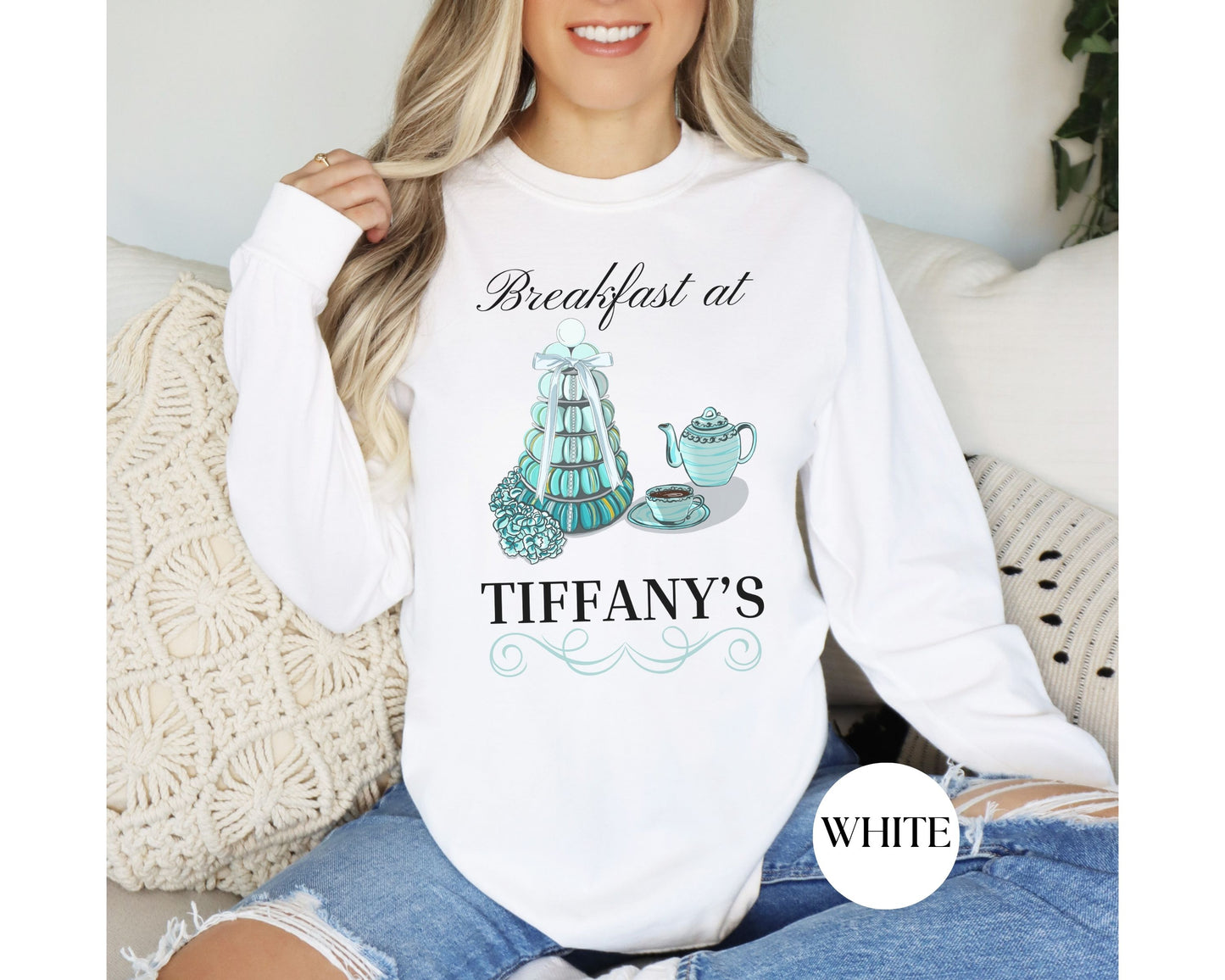 Breakfast at Tiffany's T & Co Long Sleeve Shirt, Classic Audrey Hepburn Crew, Girls Brunching Weekend TShirt, Truman Capote Fan Gift for Her Long-sleeve Printify   